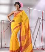 Yellow cotton saree with sequine stripes design