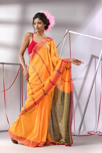 Yellow cotton saree with stripes designs
