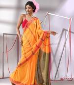 Yellow cotton saree with stripes designs