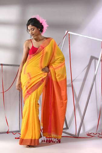 Yellow cotton saree with texture stripe designs