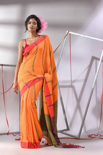 Orange cotton saree with stripes designs