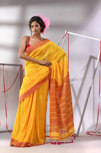 Munsell yellow cotton saree with zari stripes pallu
