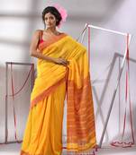 Munsell yellow cotton saree with zari stripes pallu