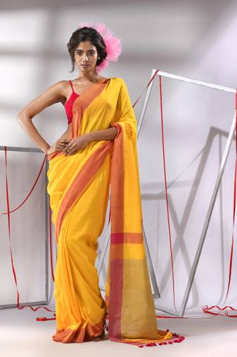 Yellow cotton saree with solid border