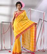 Yellow soft cotton saree with  stripe designs