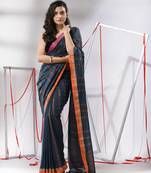 Dark grey soft cotton saree with  zari stripe designs
