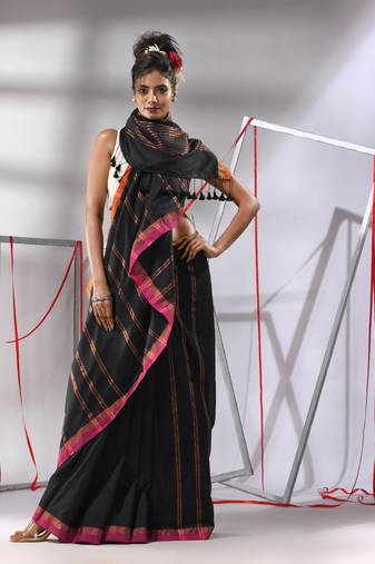 Black soft cotton saree with  zari stripe designs