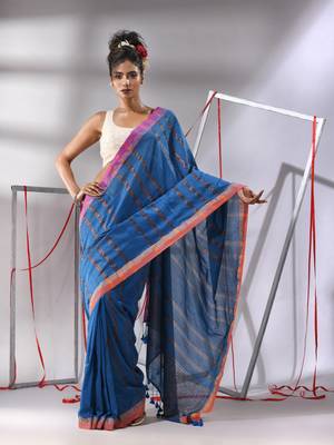 Shappire blue soft cotton saree with  zari stripe designs 1