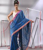 Shappire blue soft cotton saree with  zari stripe designs