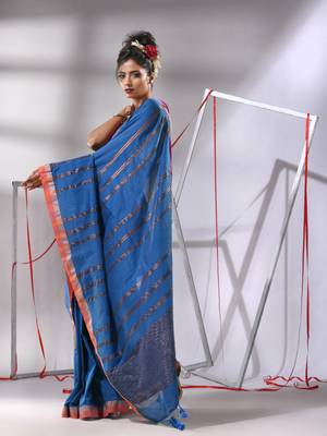 Shappire blue soft cotton saree with  zari stripe designs 2