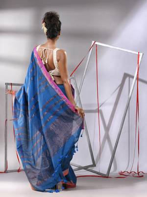 Shappire blue soft cotton saree with  zari stripe designs 3