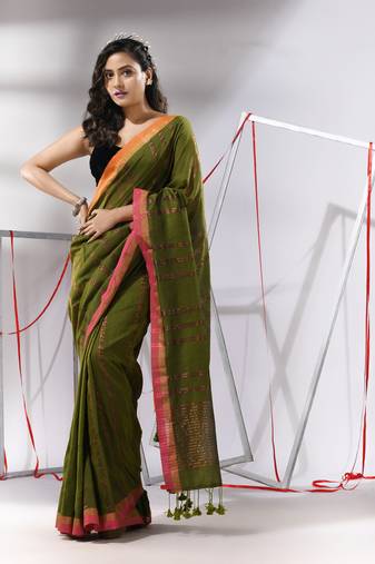 Sap green soft cotton saree with  zari stripe designs
