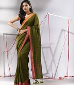 Sap green soft cotton saree with  zari stripe designs