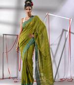 Moss green cotton saree with  zari stripes