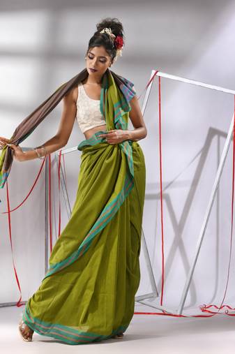 Lime green cotton saree with zari stripes