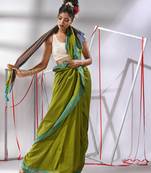 Lime green cotton saree with zari stripes