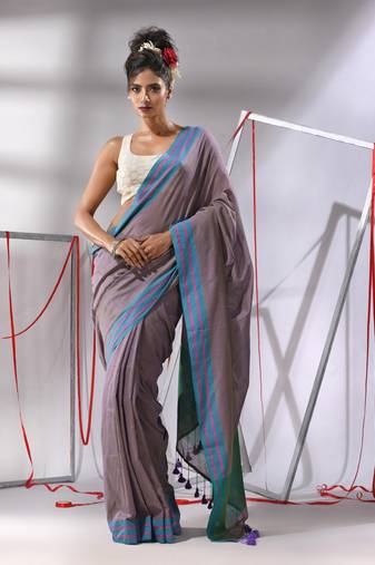Ecru cotton saree with stripes border