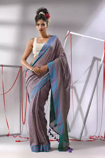 Ecru cotton saree with stripes border