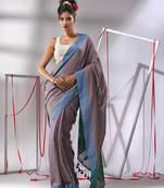 Ecru cotton saree with stripes border