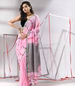 Baby pink cotton saree with stripes design
