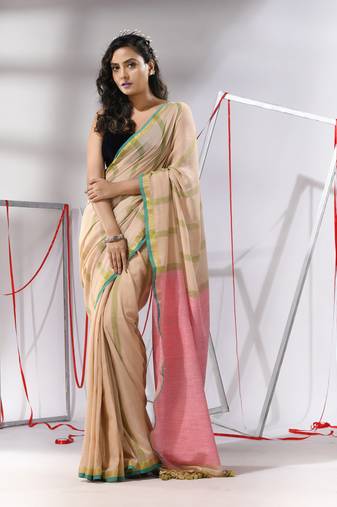 Beige cotton saree with stripes design & dual border