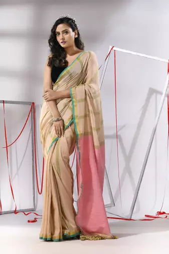 Beige cotton saree with stripes design & dual border
