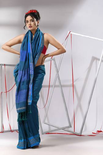 Peacock blue cotton saree with zari stripes pallu