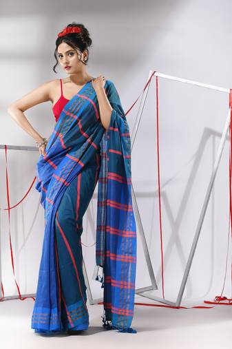 Teal blue cotton patli-pallu saree with stripe designs