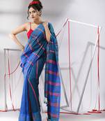 Teal blue cotton patli-pallu saree with stripe designs