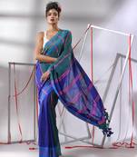 Blue and teal cotton saree with stripes design