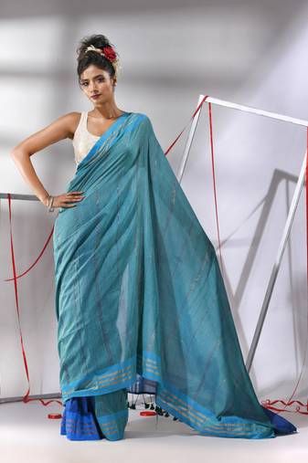 Teal and blue patli-pallu cotton saree with stripes design