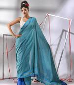 Teal and blue patli-pallu cotton saree with stripes design