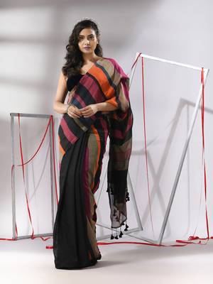 Black cotton saree with multicolor stripes 1