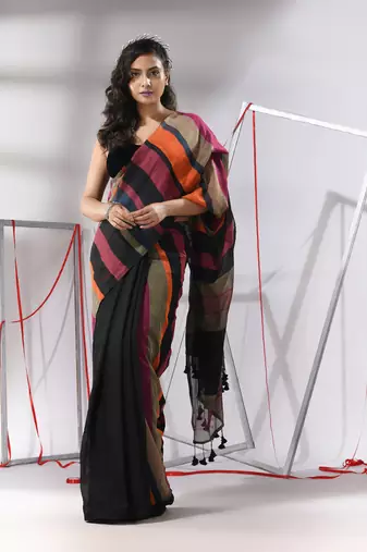 Black cotton saree with multicolor stripes