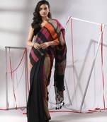 Black cotton saree with multicolor stripes