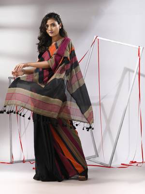 Black cotton saree with multicolor stripes 2