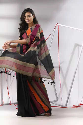 Black cotton saree with multicolor stripes