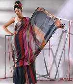 Dark grey cotton saree with multicolor stripes