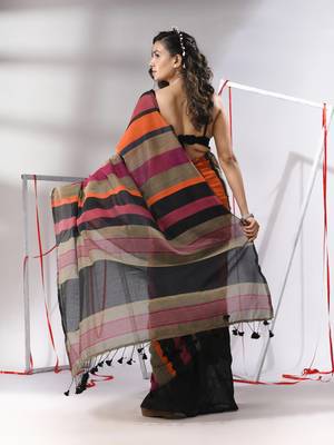 Black cotton saree with multicolor stripes 3