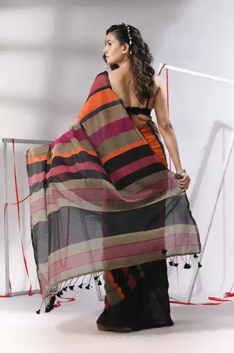 Black cotton saree with multicolor stripes