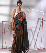 Brown cotton saree with multicolor stripes