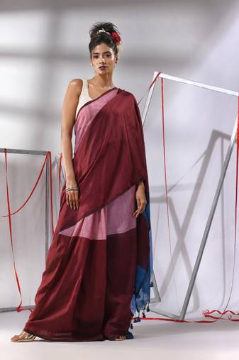Maroon half & half cotton saree