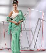Sea green cotton saree with stripes design