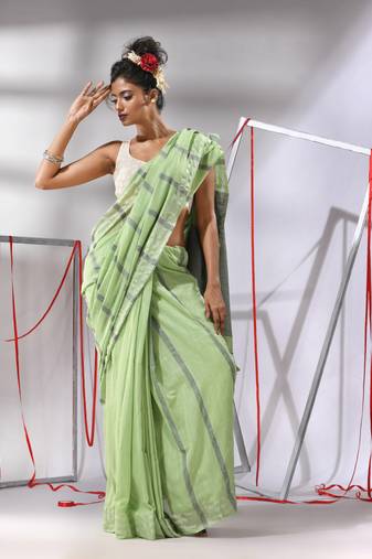 Pear green cotton saree with stripes design