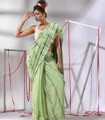 Pear green cotton saree with stripes design