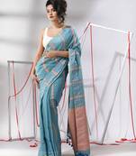 Sky blue cotton saree with stripes design