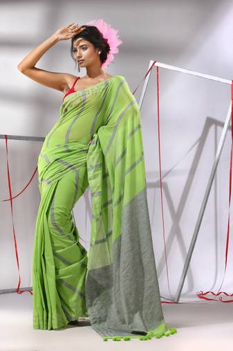 Green cotton saree with stripes design