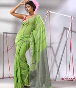 Green cotton saree with stripes design