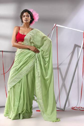 Pear green cotton saree with zari stripes pallu