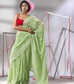 Pear green cotton saree with zari stripes pallu